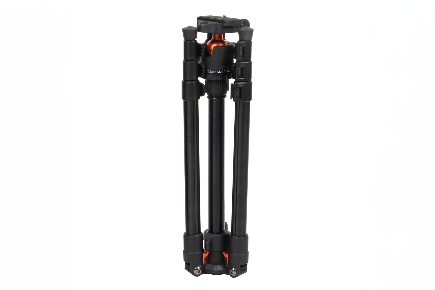 A collapsed Kenro Karoo Compact Travel Tripod Kit on a white background, showcasing its compact size and folded design with black legs and orange accents.