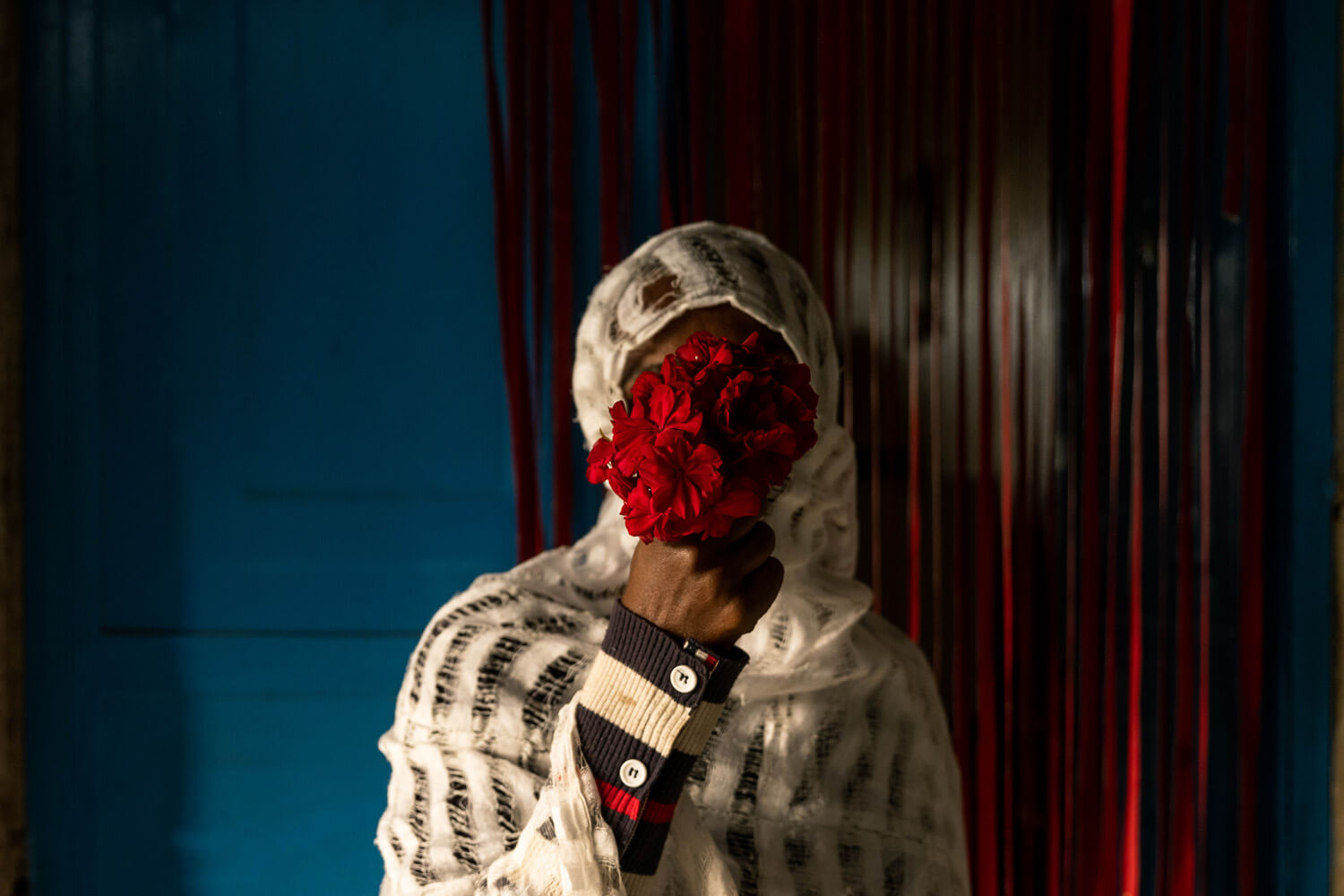 A person stands behind a sheer curtain, holding a bouquet of red flowers to their face, creating an image of mystery and vibrant color contrast.