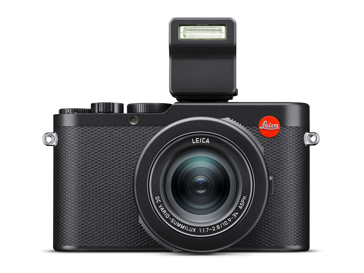 Product image of Leica D-Lux 8 on white background (front with shoe-mount flash attached)