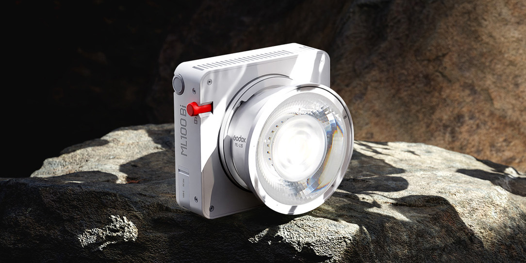 Product photo of Godox ML100Bi LED light on a rock