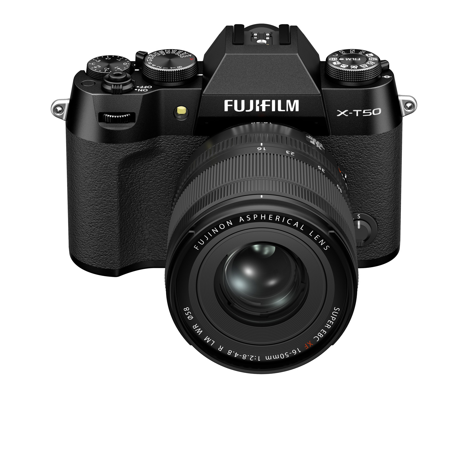 Product shot of Fujifilm X-T50 camera on white background front view