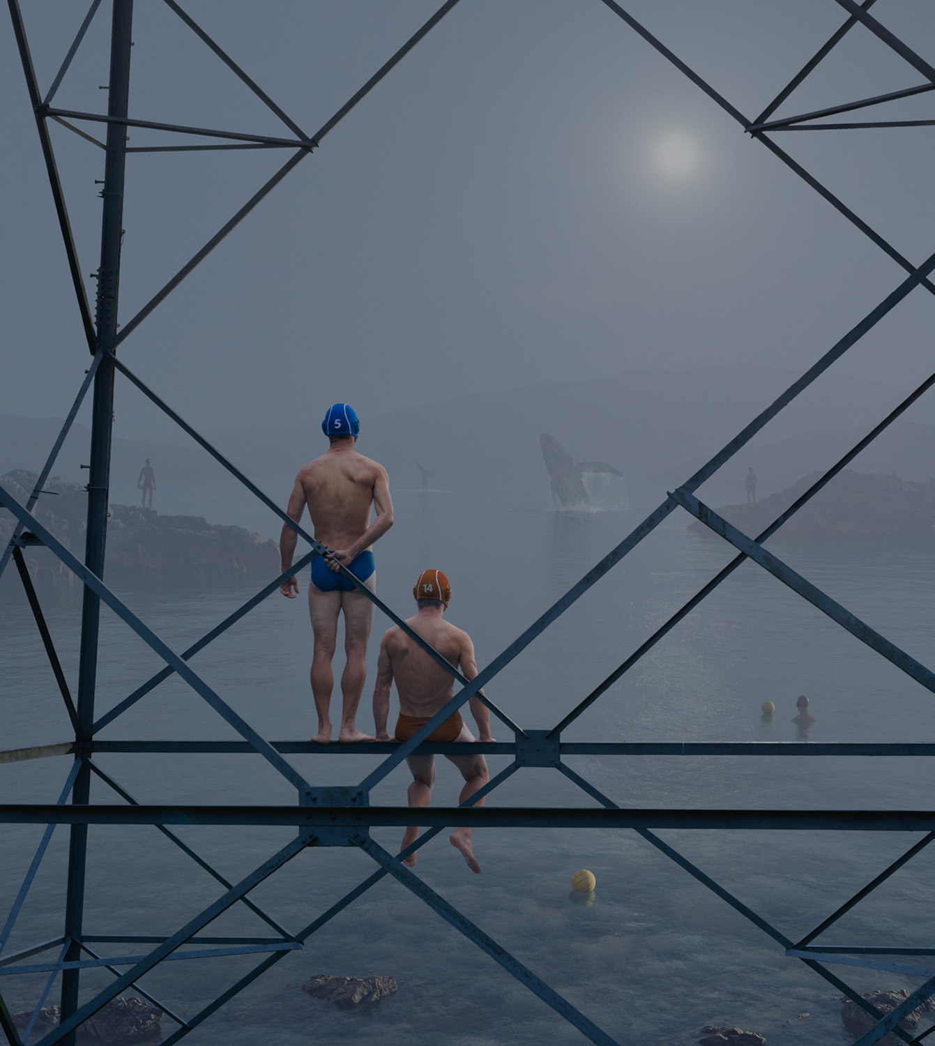 Two men in water polo caps and swimsuits stand on a metal structure, gazing at the foggy water where a whale breaches in the distance. Other figures can be seen in the water and on rocks.