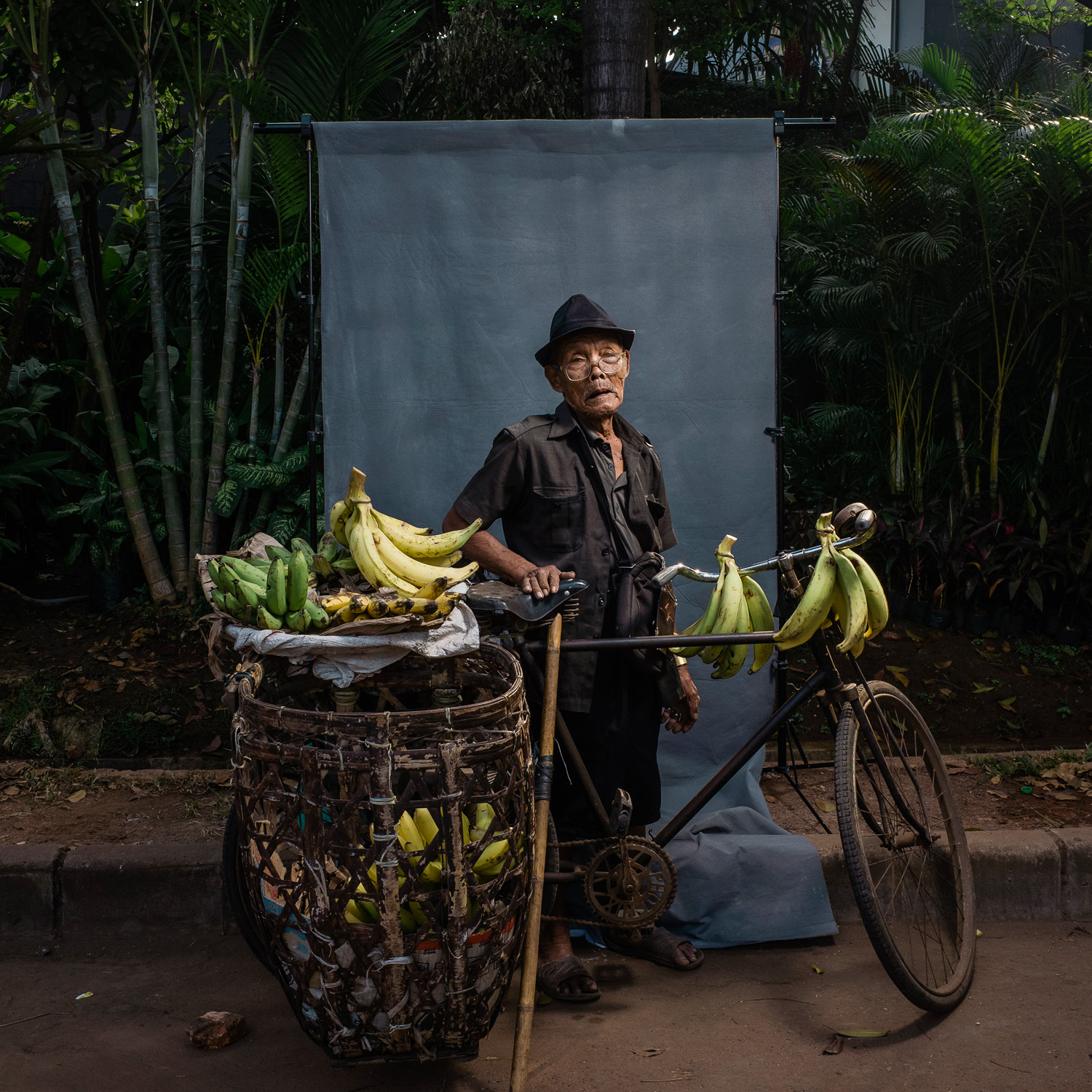 An elderly man with a hat and glasses stands with his bicycle, which is laden with bananas. He is posed against a grey backdrop in an outdoor setting with plants behind him.