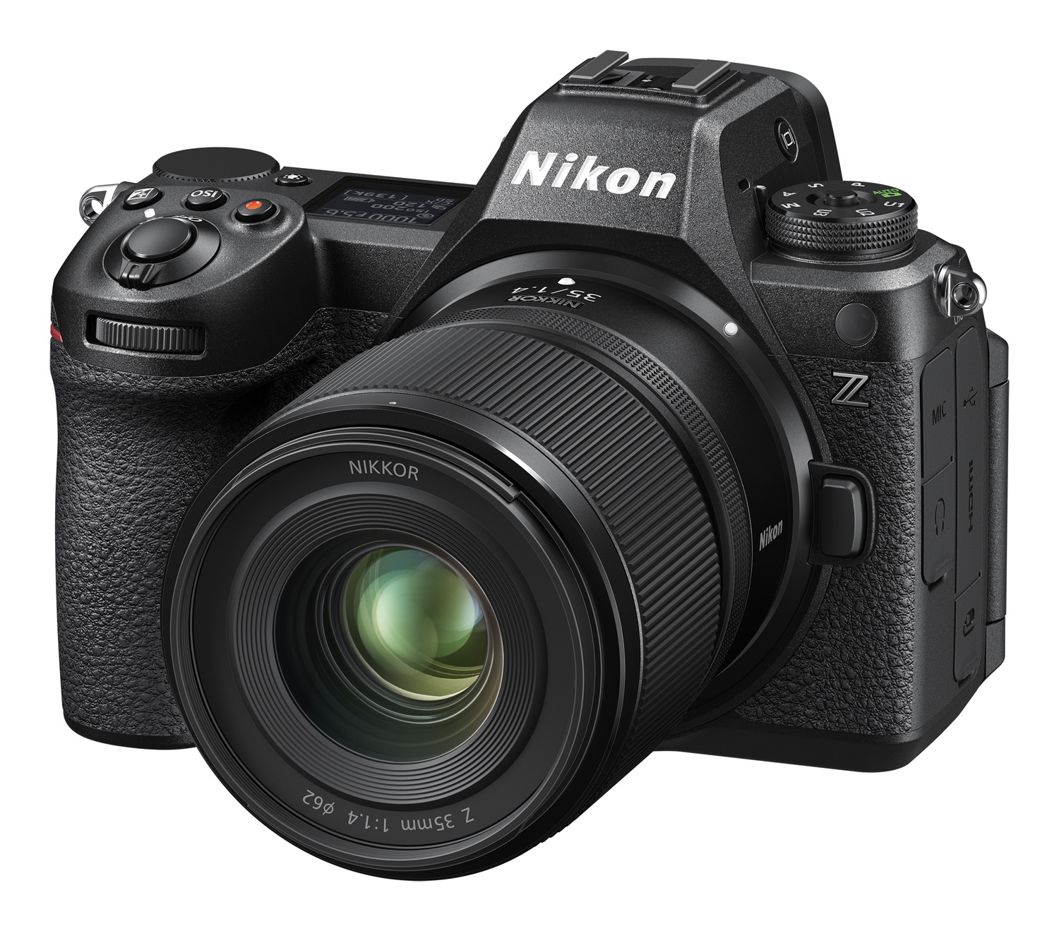 Product image of Nikkor Z 35mm f1.4 lens attached to Nikon Z6 III camera on white background