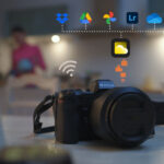 A Nikon camera is placed on a table, and above it, there are icons for various cloud storage services, including Dropbox, Google Drive, Google Photos, Lightroom, and OneDrive. An icon showing a cloud with a Wi-Fi signal demonstrates the camera uploading photos to multiple cloud services. In the blurred background, a person is visible, suggesting a home or studio setting.