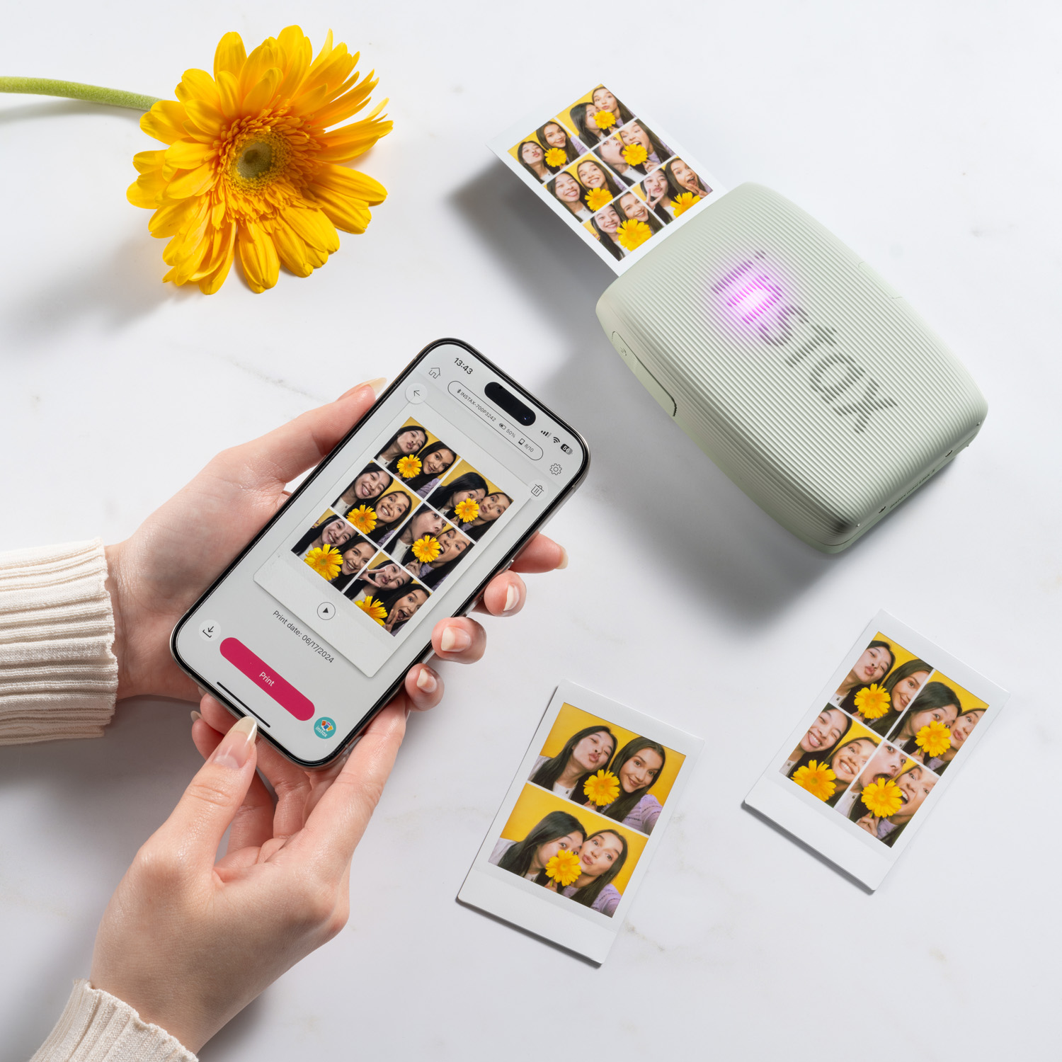 Flat lay image of Instax Mini Link 3 being used with Smartphone App