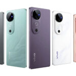 Product photo of Vivo V40 series of smartphones lined up in various pastel colours on a white background