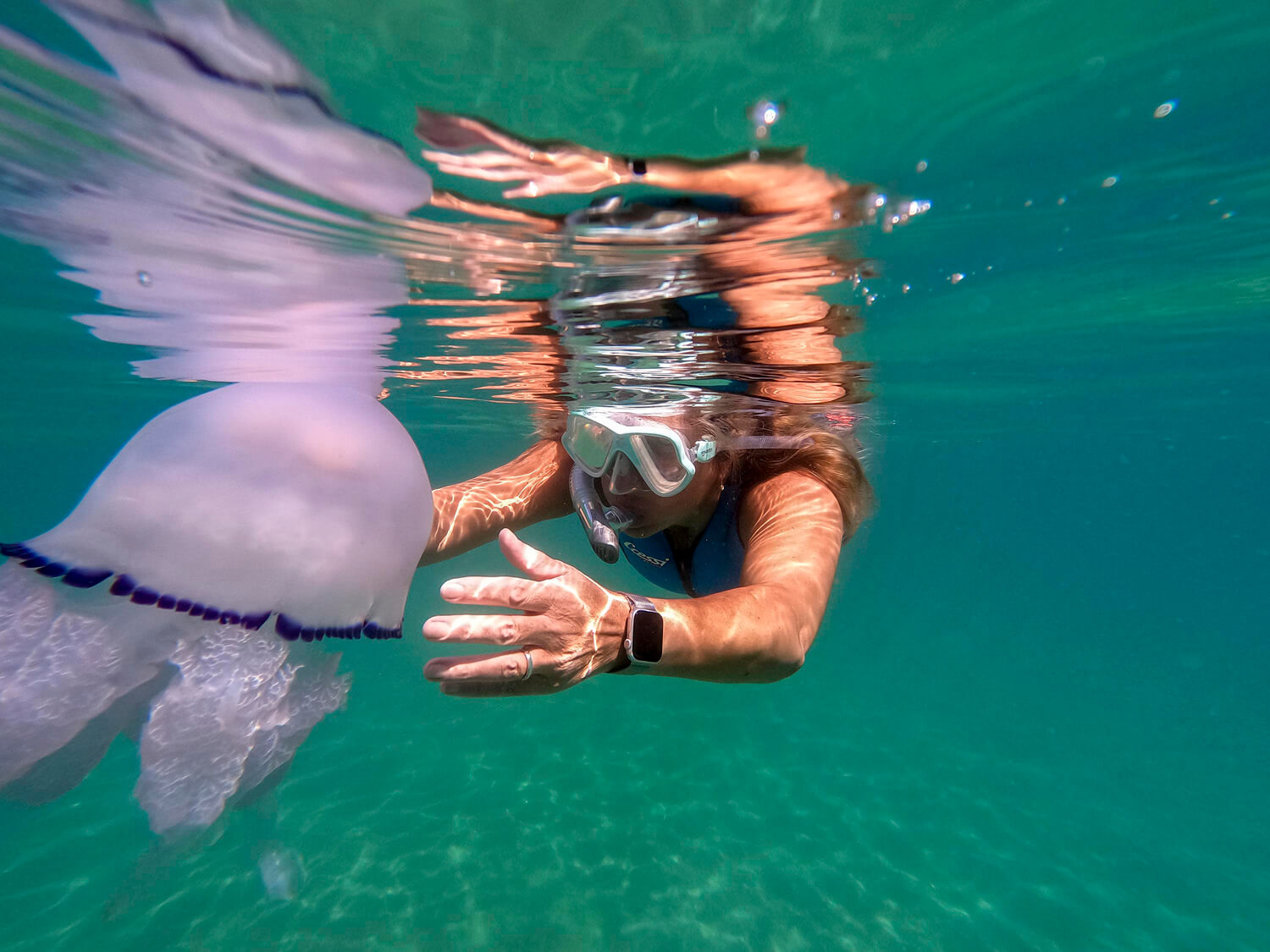 A woman underwater reaches towards a large jellyfish, showcasing the beauty and complexity of marine life in a serene, greenish-blue aquatic environment.